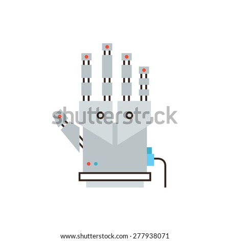 Thin line icon with flat design element of cyber glove for virtual reality, innovative digital input device, robotic hand for entertainment technology. Modern style logo vector illustration concept.