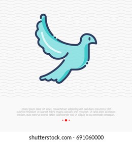 Thin line icon of flying dove, sign of love. Vector illustration.