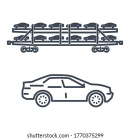Thin line icon freight rail transport, railway, autorack, auto carrier, transporter, car