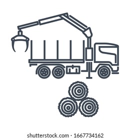 Thin line icon freight road land transport, forestry vehicle, forwarder and skidder