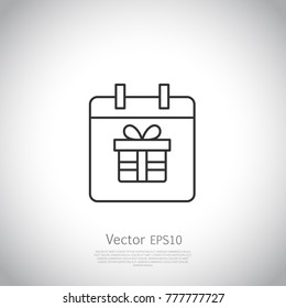 Thin line icon. Gift box with ribbon inside calendar.