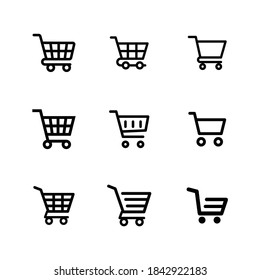 Thin line icon of grocery cart, trolley isolated on white background