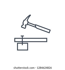thin line icon hammer hitting a nail