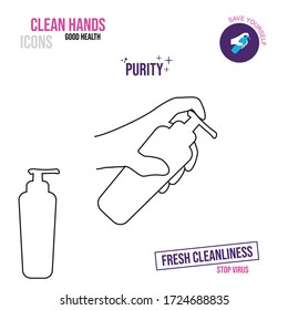 Thin line icon. Icon of a hand holding a bottle with an antiseptic or liquid soap.