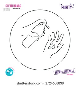 Thin line icon. Icon of a hand holding a bottle with an antiseptic or liquid soap. Putting liquid soap on hands.