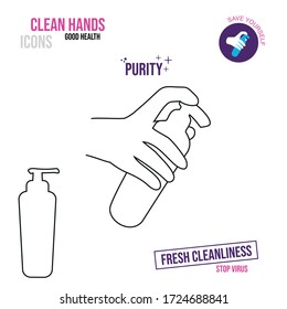 Thin line icon. Icon of a hand holding a bottle with an antiseptic or liquid soap.
