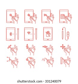 Thin line icon hands holding pen or stylus touching screen