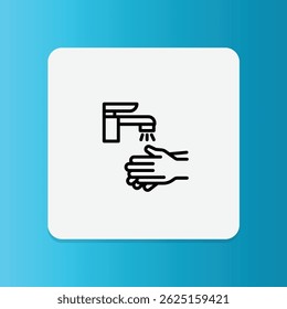 Thin line icon of hands under water with soap bubbles, representing hand hygiene and infection prevention.