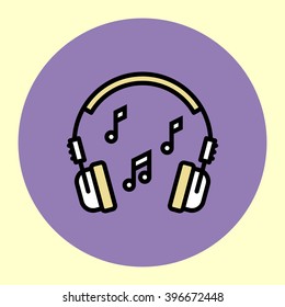 Thin Line Icon. Headphones. Simple Trendy Modern Style Round Color Vector Illustration.