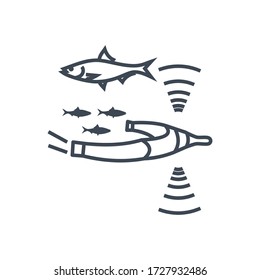 Thin line icon herring in a fishing net, trawl