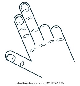 Thin line icon of human back hand with gesture of pointing something or screen touching with forefinger and middle finger. Simple minimalist illustrations of male palm,detailed with nails.