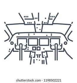 thin line icon interior of cockpit business jet airplane, instrument panel