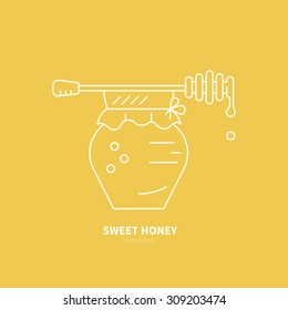 Icono de línea delgada de frasco lleno de miel y cucharón en la parte superior. Logotipo para la fábrica de miel o la compañía de producción dulce hecha en Vector,