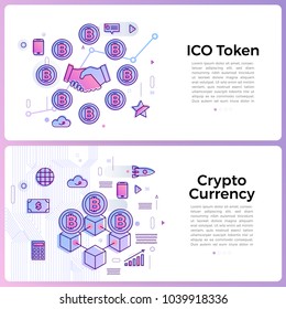 Thin line icon layout design flat design concept ICO token & cryptocurrency. Vector illustrate.