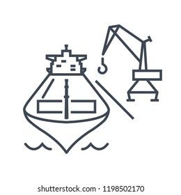 Thin Line Icon Loading And Unloading Cargo Ship, Harbor Crane