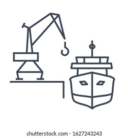 Thin line icon loading and unloading cargo ship, harbor crane