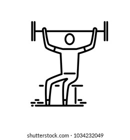 Thin line icon. Man with barbell doing weightlifting.