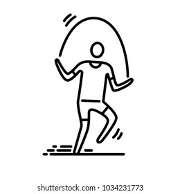 Thin line icon. Man exercising skipping rope.
