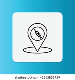 Thin line icon of a map pin with a syringe. Represents vaccine location or injection site.