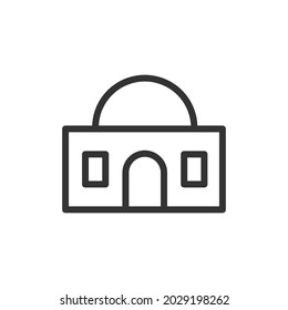 Thin line icon of mosque. Vector outline sign for UI, web and app. Concept design of mosque icon. Isolated on a white background.