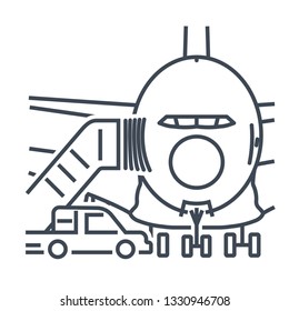 thin line icon passenger airplane, ladder to the entrance of the aircraft, gangway