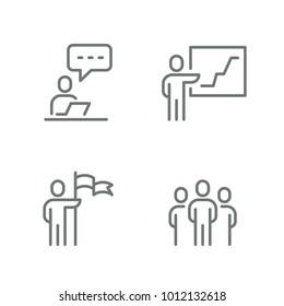 thin line icon people dialogue meeting discussion chat graphic business meeting win computer designer work job freelance office boss flat illustration arrow notebook student presentation conference