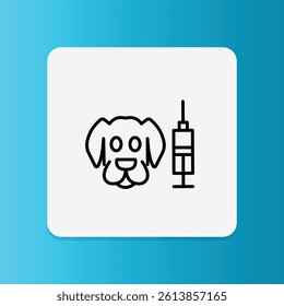 Thin line icon of a pet and a syringe. Represents veterinary vaccination or animal immunization.