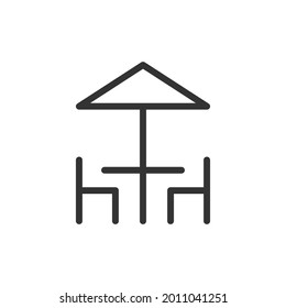 Thin line icon of picnic table. Vector outline sign for UI, web and app. Concept design of picnic table icon. Isolated on a white background.