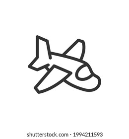 Thin line icon of plane. Vector outline sign for UI, web and app. Concept design of plane icon. Isolated on a white background.