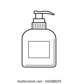 Thin line icon of plastic bottle with dispenser. Empty and clean plastic container with pump for liquid soap, care cream, shampoo, body cream.