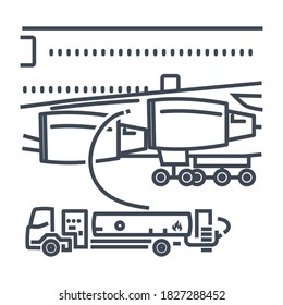 Thin Line Icon Refueling Operation Of Passenger Airplane, Fuel Truck