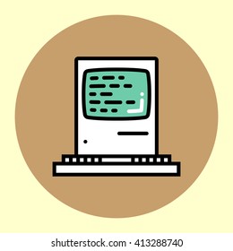 Thin Line Icon. Retro Computer. Simple Trendy Modern Style Round Color Vector Illustration.