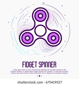 Thin line icon of rotating fidget spinner. Stress relieving toy. Vector illustration.