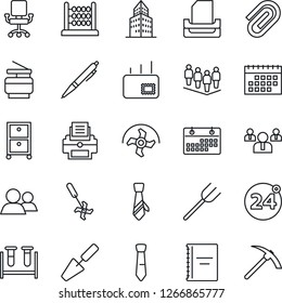 Thin Line Icon Set - 24 around vector, team, trowel, farm fork, ripper, blood test vial, group, calendar, copybook, paper clip, office building, abacus, printer, tie, tray, archive box, copier, pen