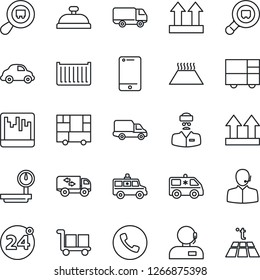 Thin Line Icon Set - 24 around vector, phone, ambulance car, doctor, cargo container, delivery, consolidated, up side sign, heavy scales, search, cell, scanner, support, moving, reception