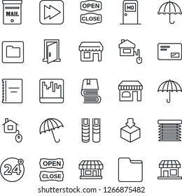 Thin Line Icon Set - 24 around vector, umbrella, shop, medical room, store, package, mail, fast forward, scanner, folder, copybook, book, mailbox, open close, home control, jalousie, door