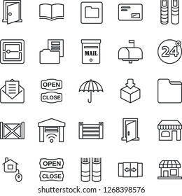 Thin Line Icon Set - 24 around vector, automatic door, shop, book, container, umbrella, package, mail, scanner, folder, document, mailbox, open close, home control, garage gate, storefront