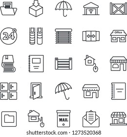 Thin Line Icon Set - 24 around vector, automatic door, umbrella, shop, checkroom, store, container, package, mail, folder, copybook, document, book, mailbox, home control, jalousie, garage gate