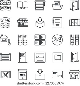 Thin Line Icon Set - 24 around vector, automatic door, medical room, checkroom, book, store, container, package, mail, scanner, folder, copybook, document, mailbox, open close, home control