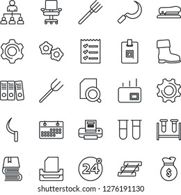 Thin Line Icon Set - 24 around vector, gear, hierarchy, farm fork, boot, sickle, blood test vial, settings, calendar, document search, identity card, office chair, checklist, paper binder, printer