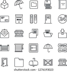 Thin Line Icon Set - 24 around vector, umbrella, medical room, store, container, package, mail, scanner, folder, copybook, document, book, mailbox, open close, jalousie, door, storefront