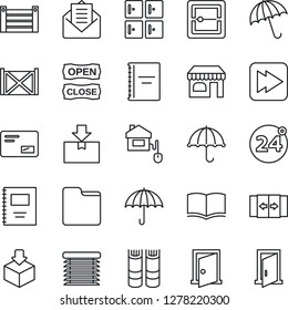 Thin Line Icon Set - 24 around vector, automatic door, umbrella, shop, checkroom, book, container, package, mail, fast forward, scanner, folder, copybook, open close, home control, jalousie