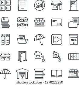 Thin Line Icon Set - 24 around vector, automatic door, umbrella, shop, medical room, checkroom, book, store, mail, fast forward, copybook, document folder, mailbox, open close, home control