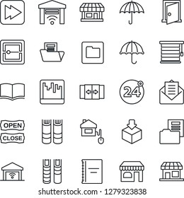 Thin Line Icon Set - 24 around vector, automatic door, shop, book, store, umbrella, package, mail, fast forward, scanner, folder, copybook, document, open close, home control, jalousie, garage gate