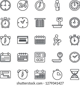 Thin Line Icon Set - 24 around vector, alarm clock, flight table, calendar, heavy scales, stopwatch, manager, schedule, sand