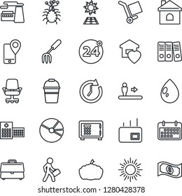 Thin Line Icon Set - 24 around vector, escalator, sun, safe, factory, garden fork, bucket, house, water drop, pumpkin, hospital, virus, mobile tracking, term, cargo, case, pie graph, paper binder