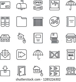 Thin Line Icon Set - 24 around vector, shop, checkroom, book, store, container, umbrella, package, mail, fast forward, scanner, folder, copybook, mailbox, open close, home control, jalousie, door