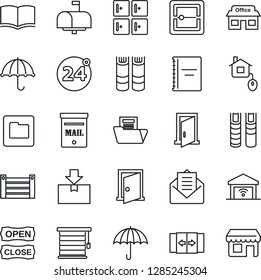 Thin Line Icon Set - 24 around vector, automatic door, checkroom, book, store, container, umbrella, package, mail, scanner, folder, copybook, document, mailbox, open close, home control, jalousie