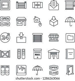 Thin Line Icon Set - 24 around vector, automatic door, shop, book, store, container, umbrella, package, mail, scanner, folder, copybook, mailbox, open close, home control, jalousie, garage gate