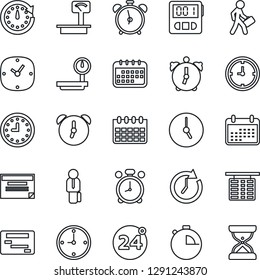 Thin Line Icon Set - 24 around vector, alarm clock, flight table, calendar, heavy scales, stopwatch, manager, schedule, sand